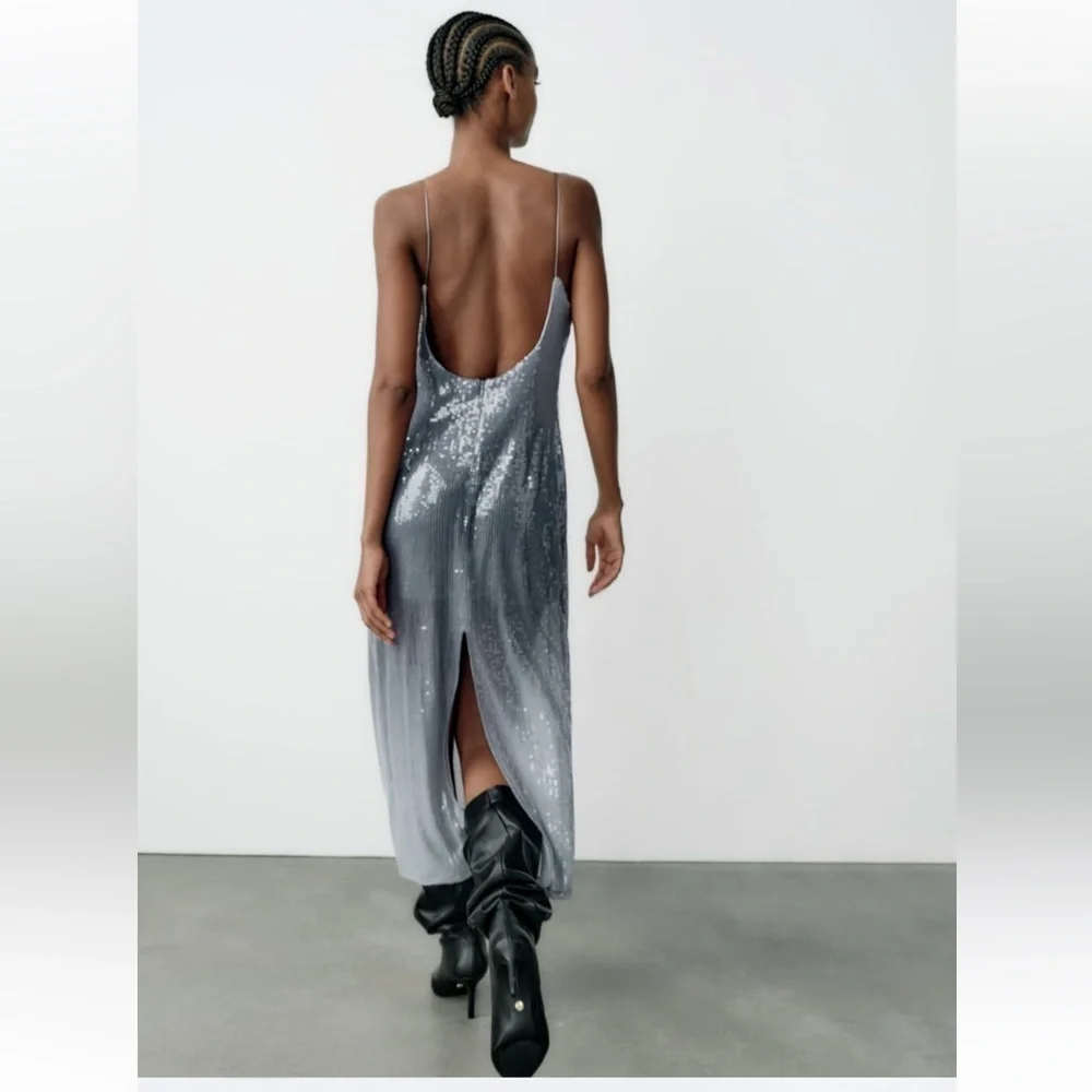 Zara NWT sequin midi dress silver - Picture 8 of 11